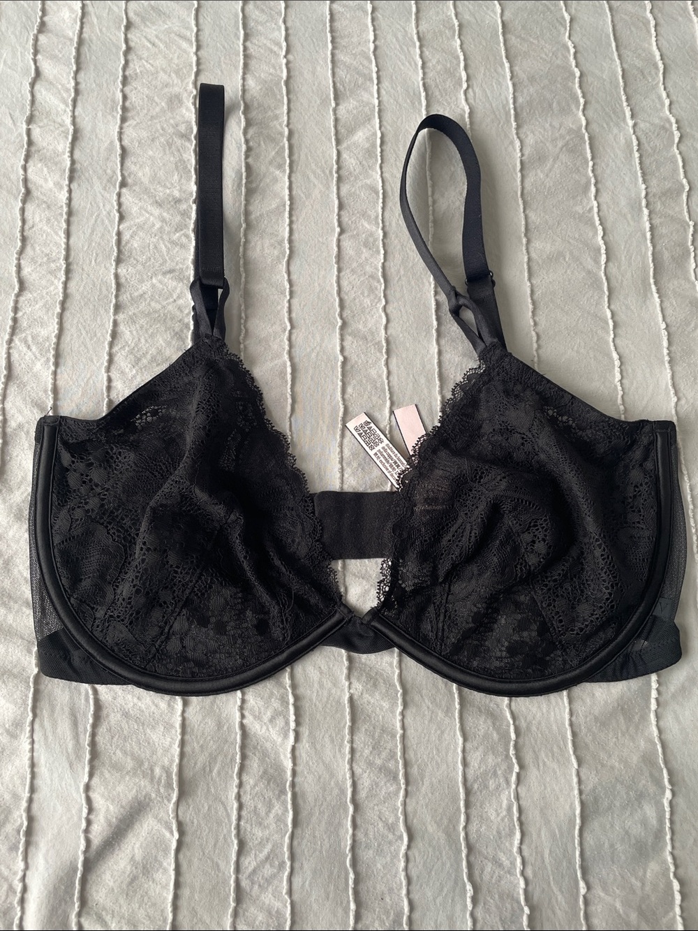 Victoria’s Secret 36DDD unlined Demi bra, black floral lace cups/mesh sides